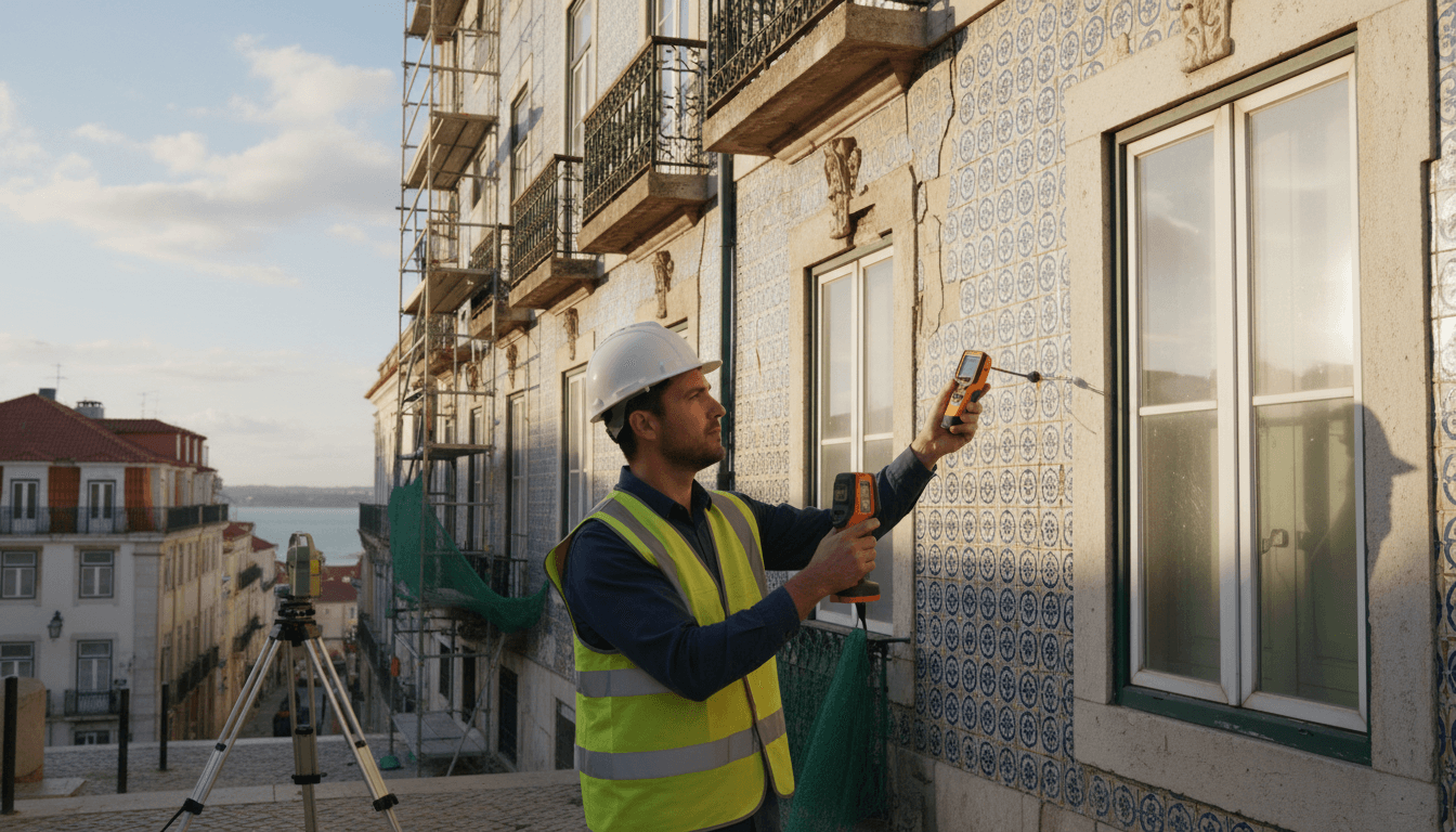 Engineer inspecting building facade with professional measurement tools