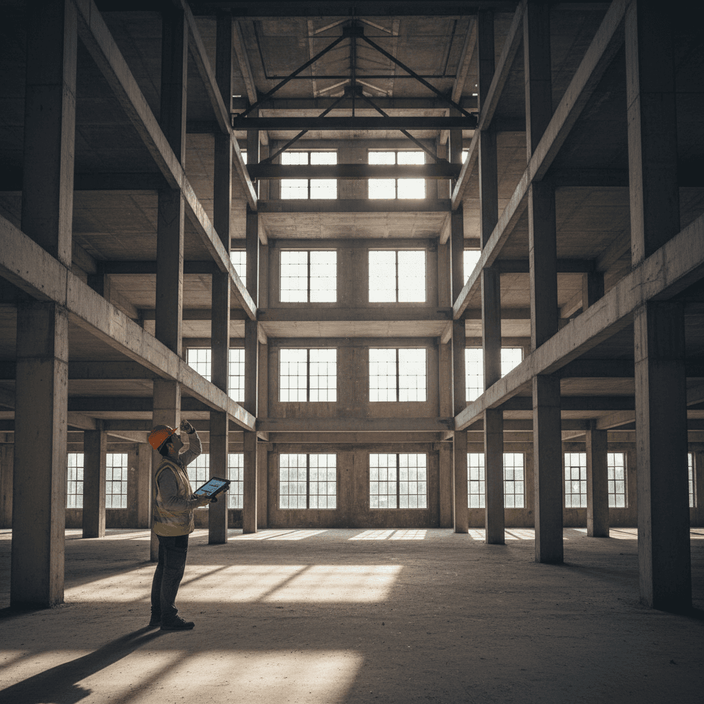 Surveyor reviewing building assessment data on tablet in Lisbon property