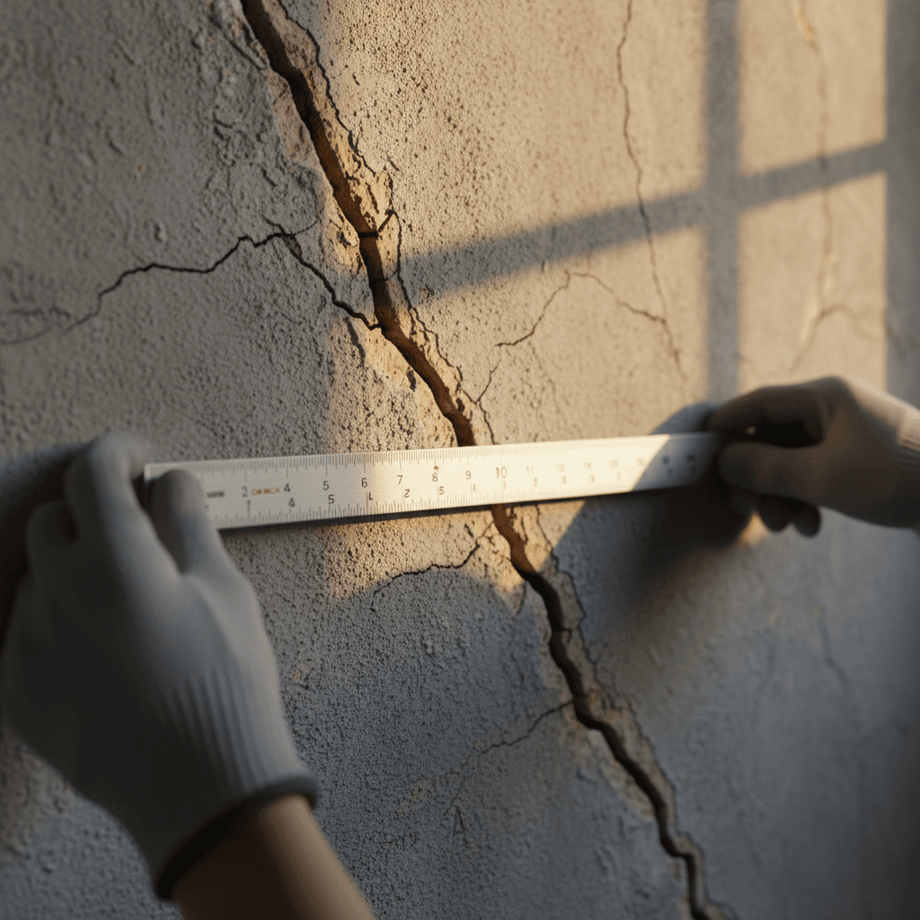 Surveyor measuring and documenting structural wall cracks with scale