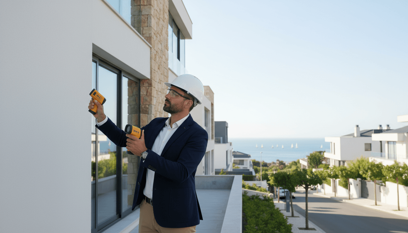 Engineer inspecting a villa facade in Cascais with measurement tools