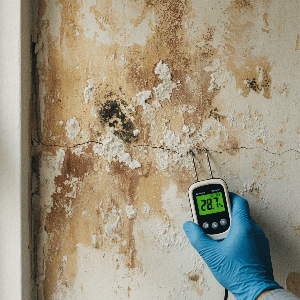 Close-up moisture meter reading on wall with visible water damage