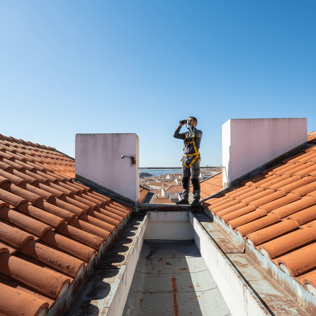 Surveyor inspecting roof condition and gutters