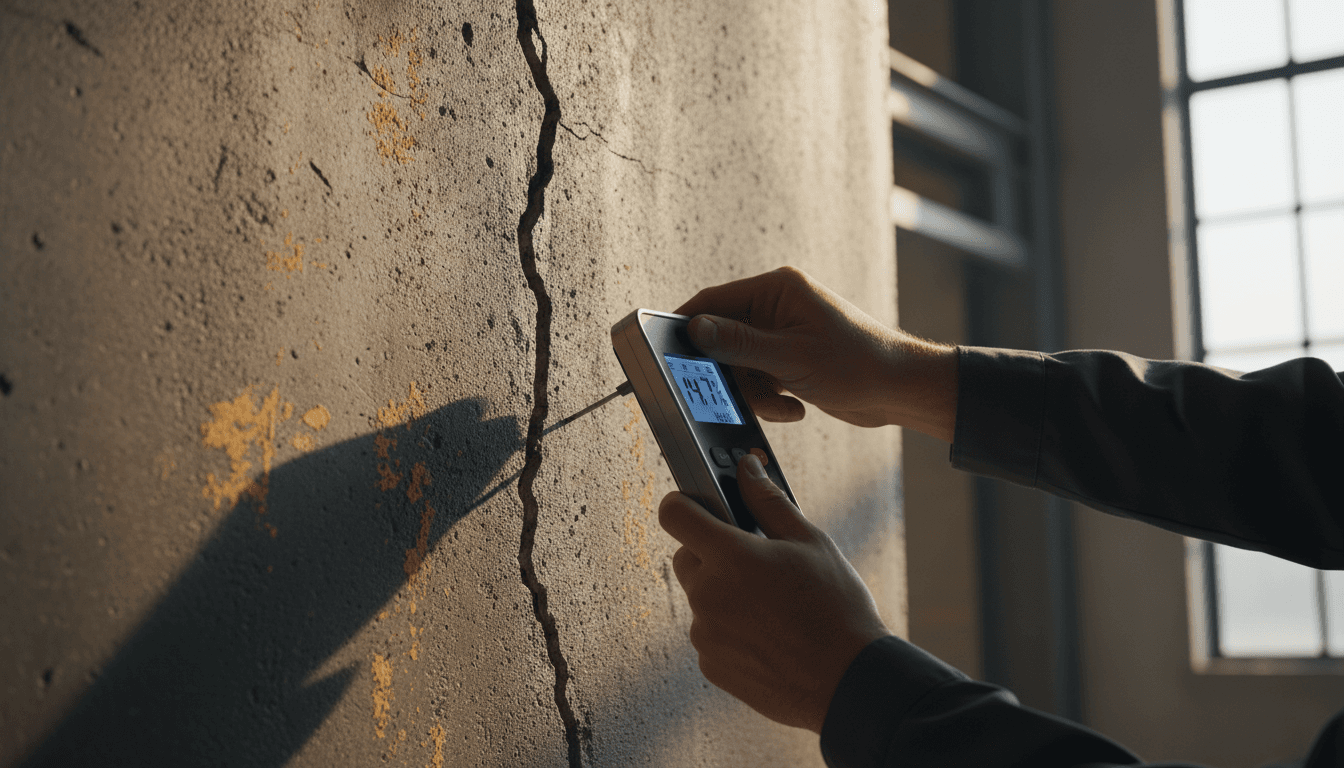 Engineer performing structural assessment with precision instruments on building wall