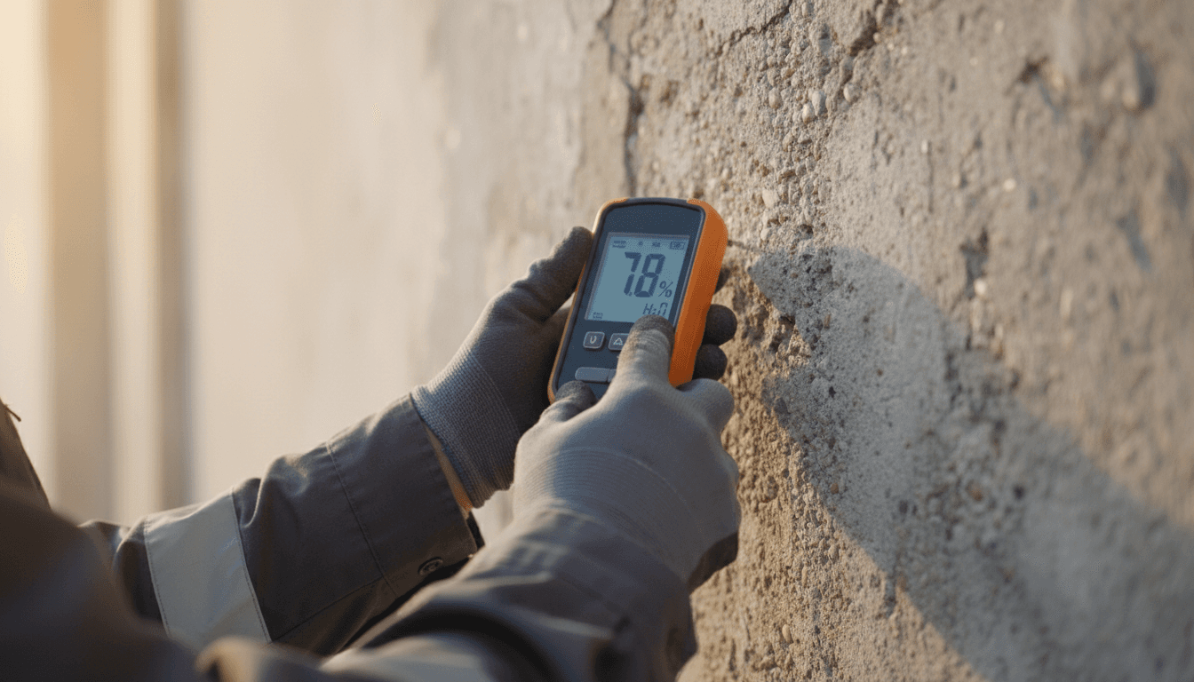 Engineer conducting property inspection with moisture meter on building wall