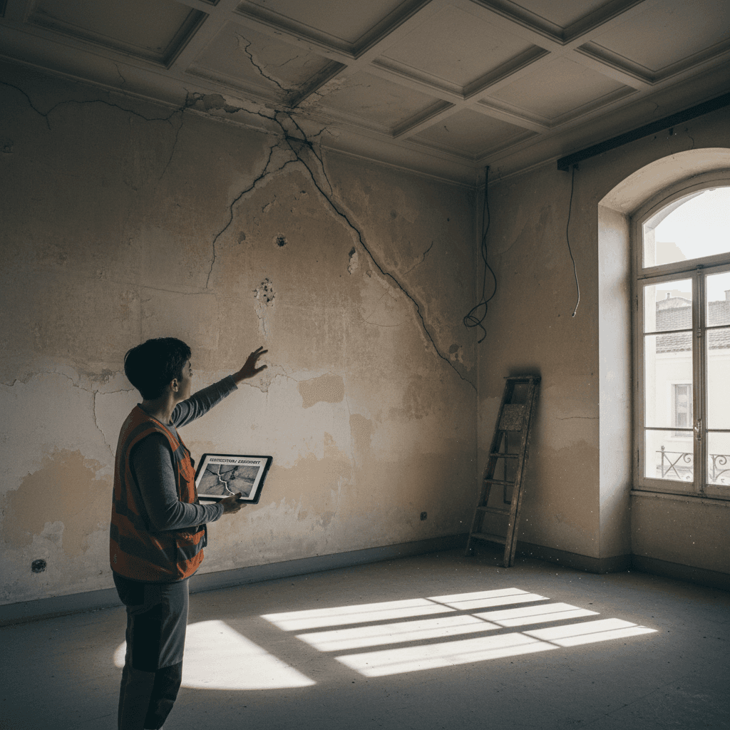 Surveyor documenting cracks in historic Lisbon apartment ceiling