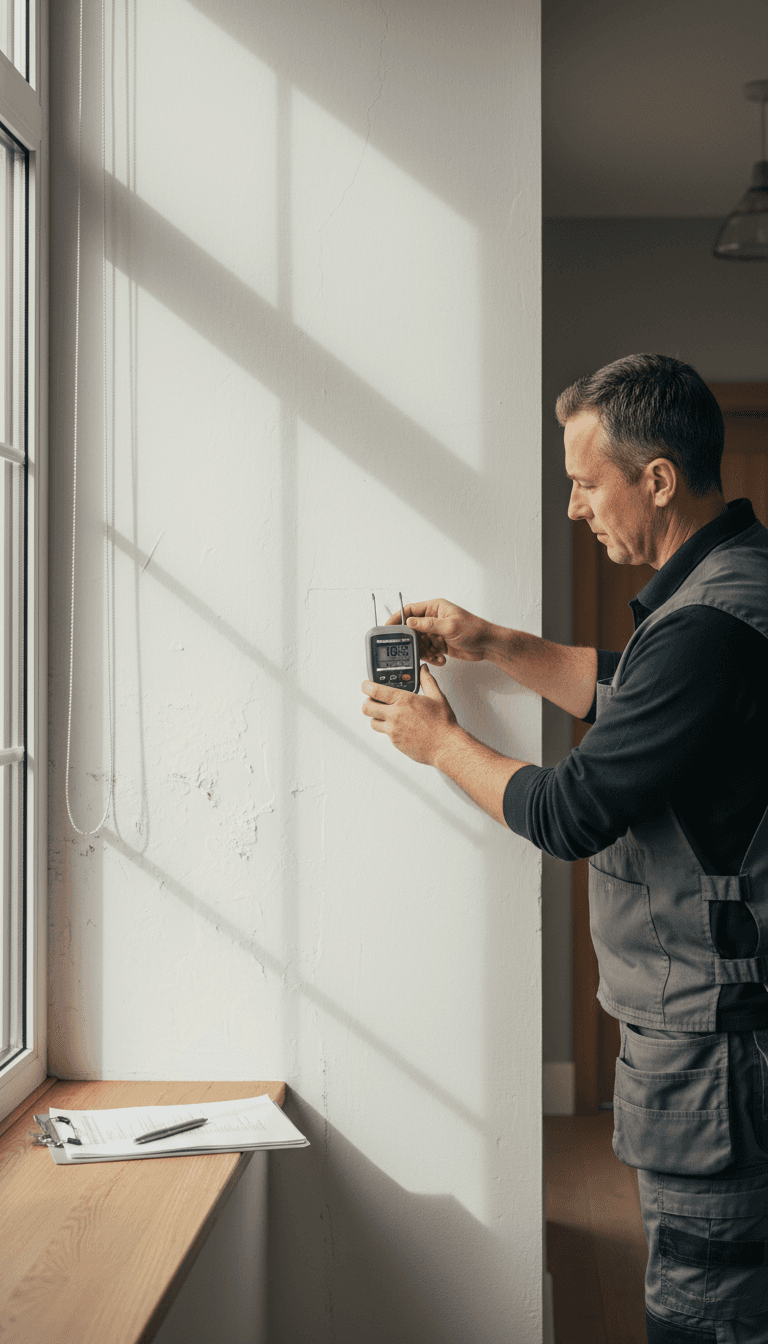Property surveyor measuring moisture levels on interior wall during building inspection