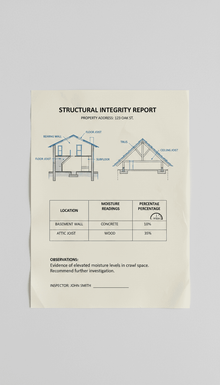 Close-up of professional property inspection documentation showing structural assessment notes and moisture test results