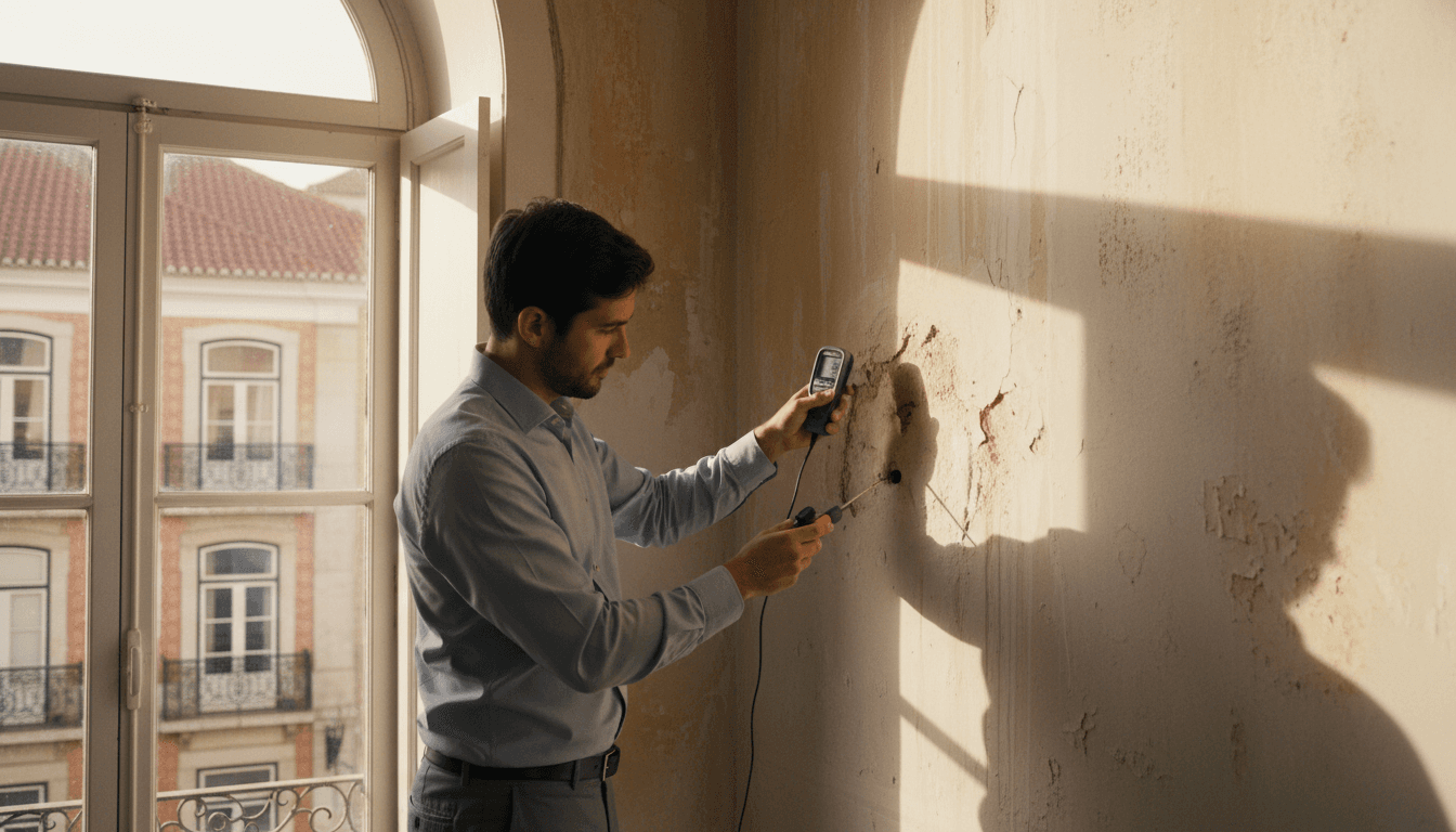 Property inspector examining moisture damage on Lisbon apartment wall