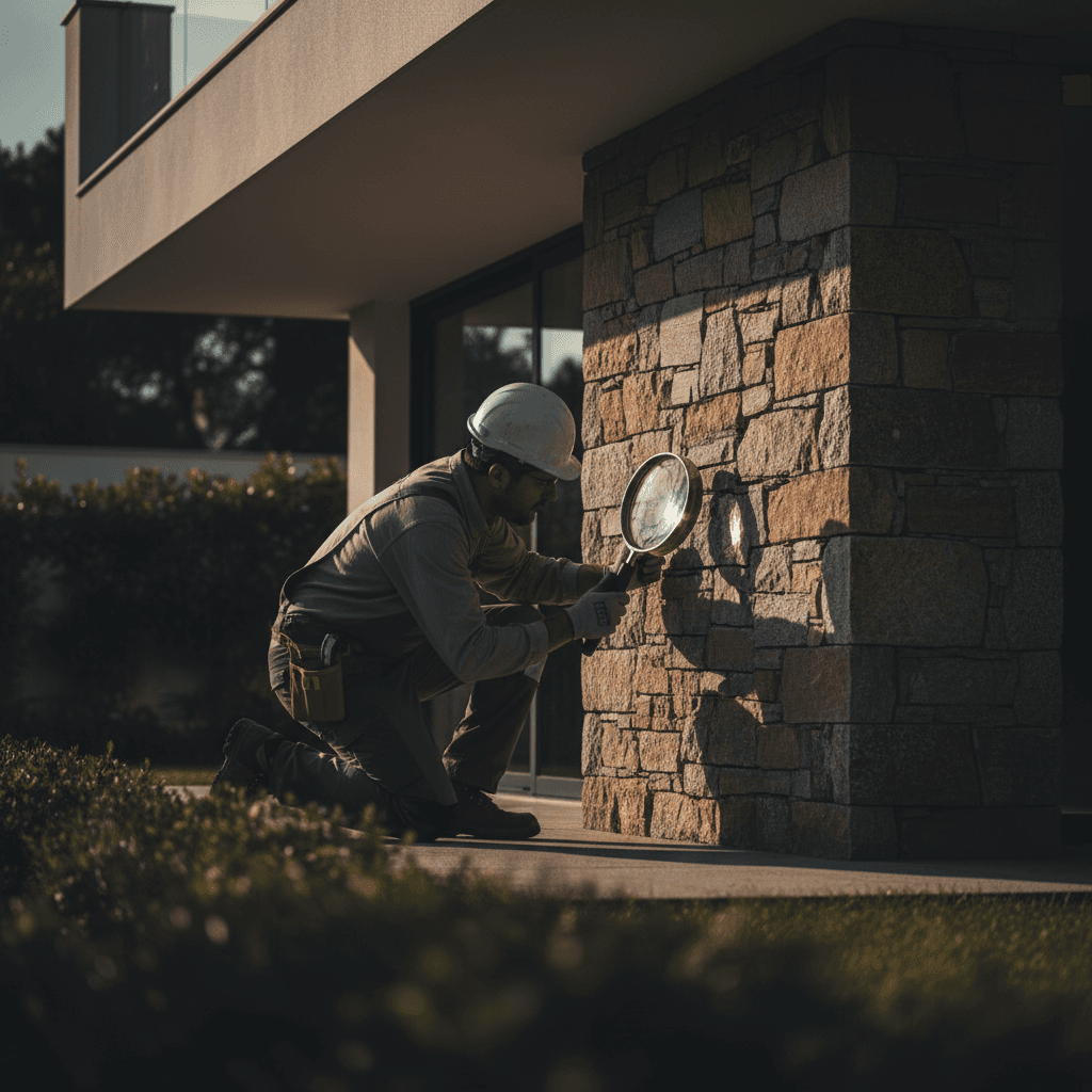Engineer examining villa foundation and structural elements
