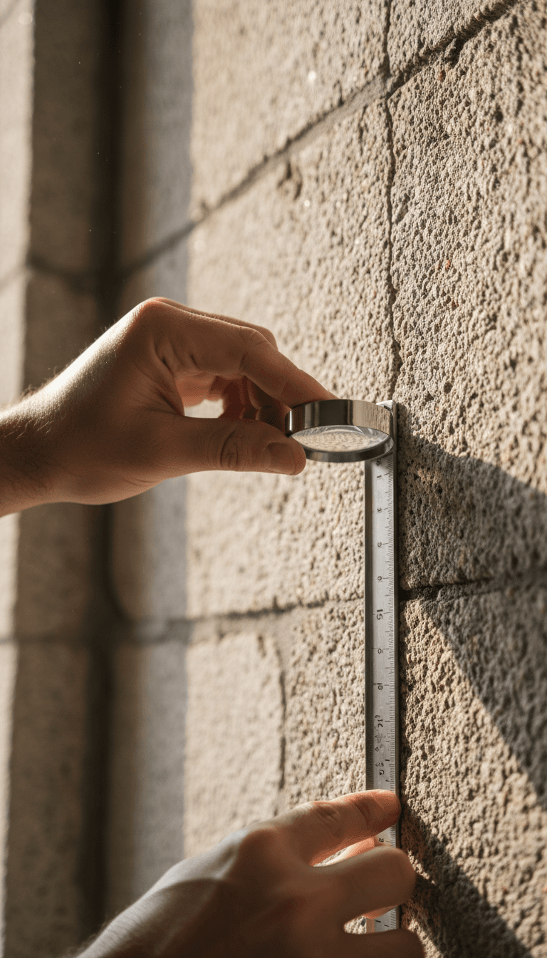 Engineer measuring structural cracks on a building wall during a property inspection