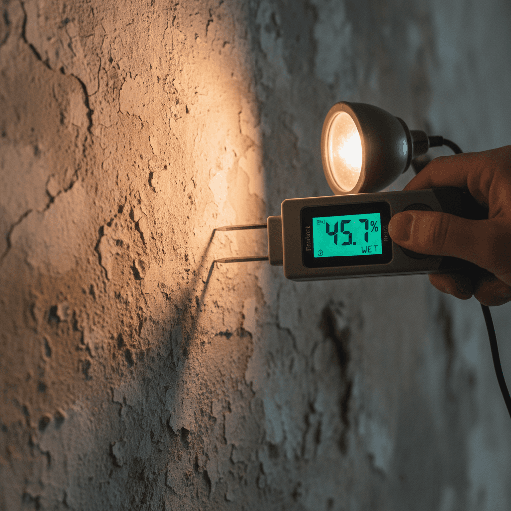 Moisture meter detecting water infiltration in wall