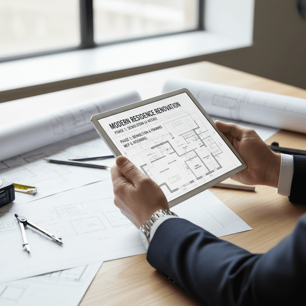 Project manager holding tablet displaying renovation blueprints and timeline schedules on construction desk